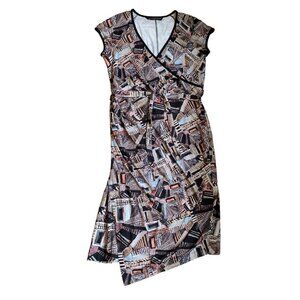 PERUVIAN CONNECTION Dress Size Large Faux Wrap Patterned Jersey Short Sleeve